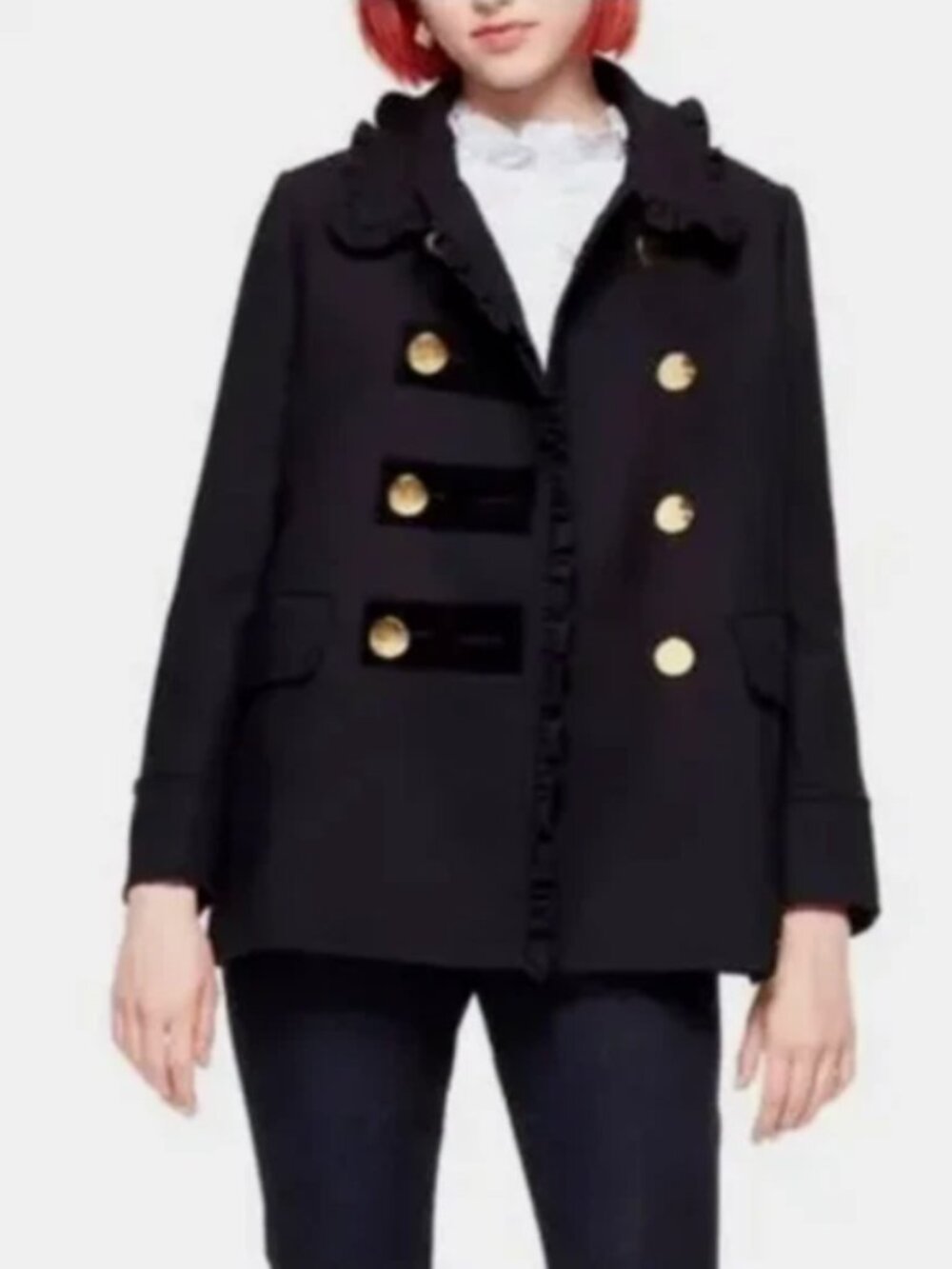 Kate Spade Black Ruffle Velvet Trim Gold Button Wool Blend Jacket Coat Women